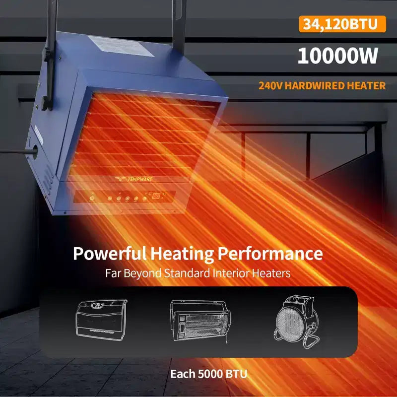 Chauffage de garage électrique TEMPWARE 10000W avec télécommande, chauffage d'atelier à installation au plafond avec ventilateur forcé, 240V, câblage fixe, avec thermostat numérique, idéal pour entrepôt