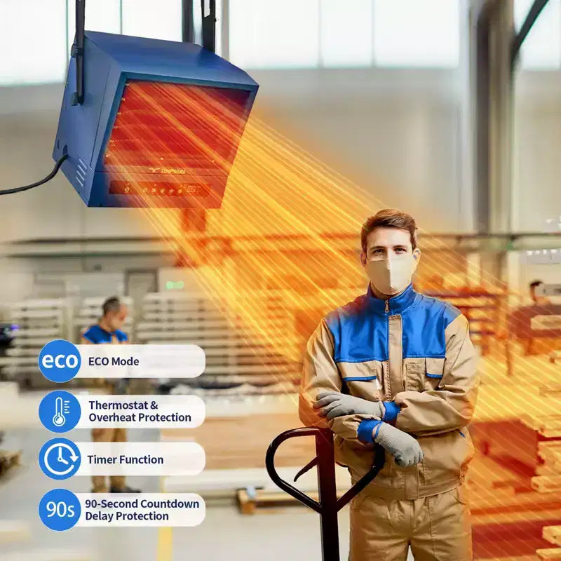 Chauffage de garage électrique TEMPWARE 10000W avec télécommande, chauffage d'atelier à installation au plafond avec ventilateur forcé, 240V, câblage fixe, avec thermostat numérique, idéal pour entrepôt