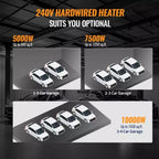 Chauffage de garage électrique TEMPWARE 10000W avec télécommande, chauffage d'atelier 240V Wi-Fi à montage au plafond avec thermostat numérique idéal pour atelier