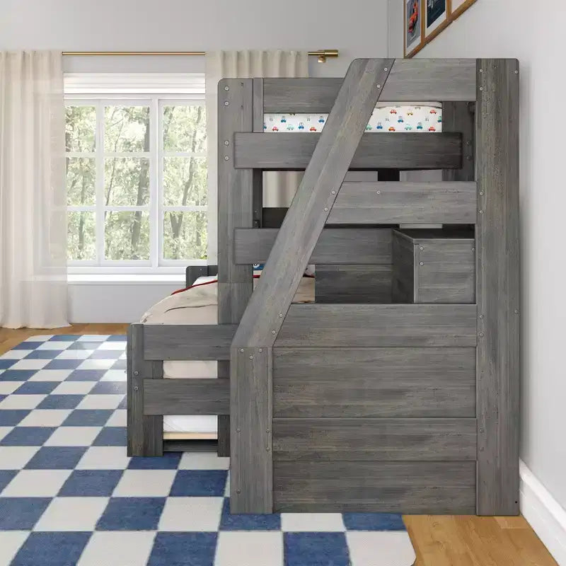 Lit superposé double sur double de style ferme moderne avec escalier et lit gigogne