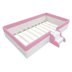 Cadre de lit de repos rembourré simple/double avec clôture et escalier, lit de sol Montessori pour enfants avec support à lattes robuste, rose et blanc