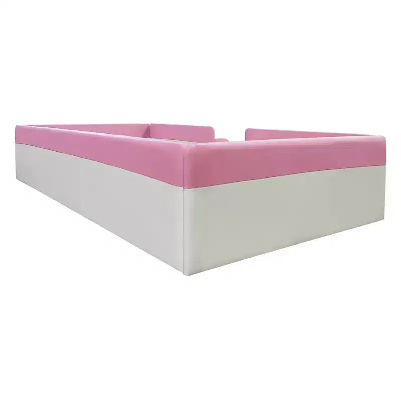Cadre de lit de repos rembourré simple/double avec clôture et escalier, lit de sol Montessori pour enfants avec support à lattes robuste, rose et blanc
