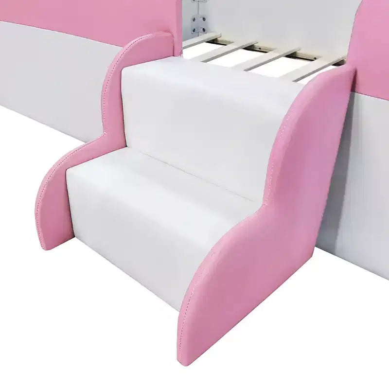 Cadre de lit de repos rembourré simple/double avec clôture et escalier, lit de sol Montessori pour enfants avec support à lattes robuste, rose et blanc
