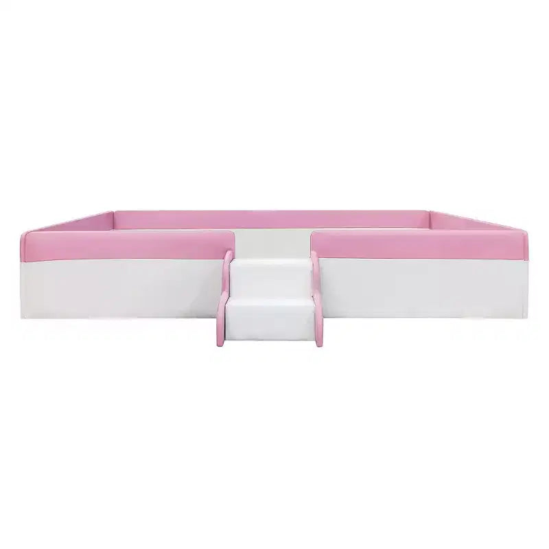Cadre de lit de repos rembourré simple/double avec clôture et escalier, lit de sol Montessori pour enfants avec support à lattes robuste, rose et blanc