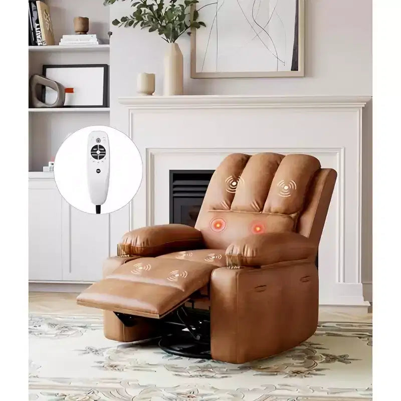 Fauteuil inclinable pivotant rembourré surdimensionné avec fonction de chauffage et de massage, confortable canapé simple inclinable pivotant en similicuir pour adultes