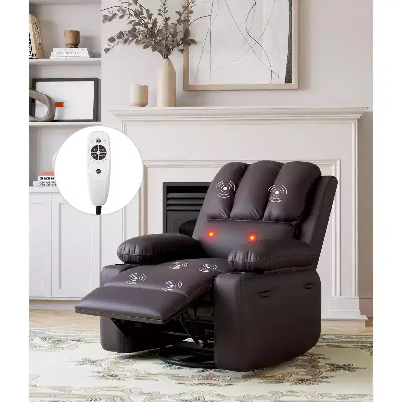Fauteuil inclinable pivotant rembourré surdimensionné avec fonction de chauffage et de massage, confortable canapé simple inclinable pivotant en similicuir pour adultes