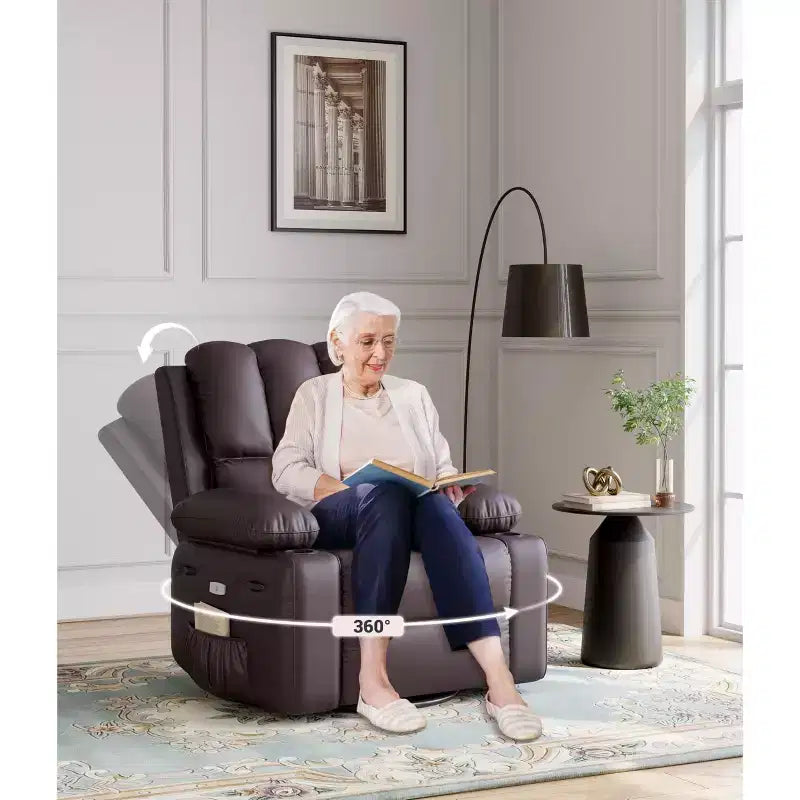 Fauteuil inclinable pivotant rembourré surdimensionné avec fonction de chauffage et de massage, confortable canapé simple inclinable pivotant en similicuir pour adultes