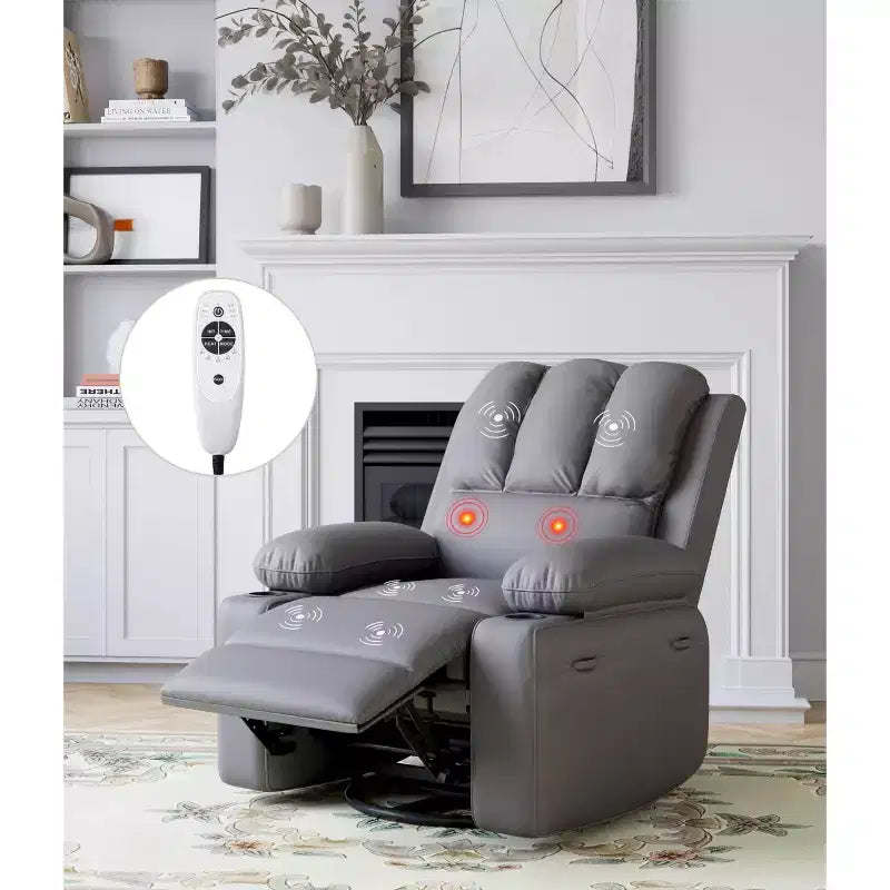 Fauteuil inclinable pivotant rembourré surdimensionné avec fonction de chauffage et de massage, confortable canapé simple inclinable pivotant en similicuir pour adultes