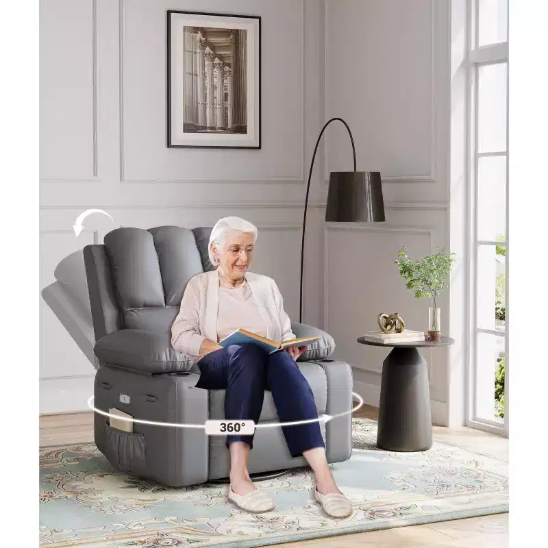 Fauteuil inclinable pivotant rembourré surdimensionné avec fonction de chauffage et de massage, confortable canapé simple inclinable pivotant en similicuir pour adultes
