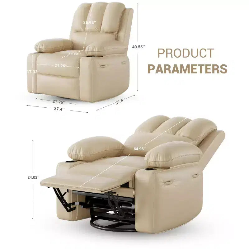 Fauteuil inclinable pivotant rembourré surdimensionné avec fonction de chauffage et de massage, confortable canapé simple inclinable pivotant en similicuir pour adultes
