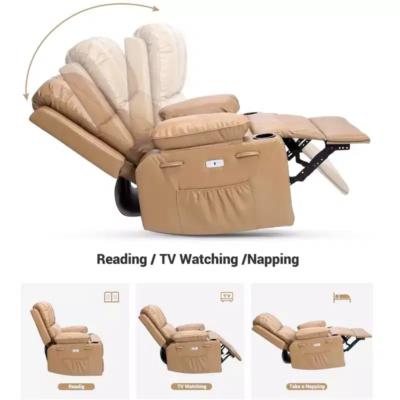 Fauteuil inclinable pivotant rembourré surdimensionné avec fonction de chauffage et de massage, confortable canapé simple inclinable pivotant en similicuir pour adultes