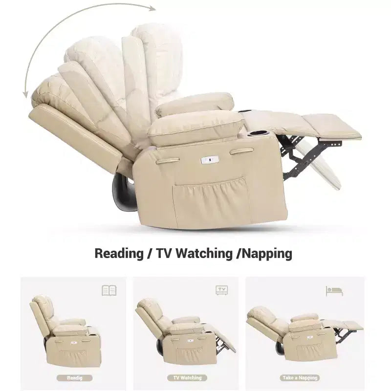 Fauteuil inclinable pivotant rembourré surdimensionné avec fonction de chauffage et de massage, confortable canapé simple inclinable pivotant en similicuir pour adultes
