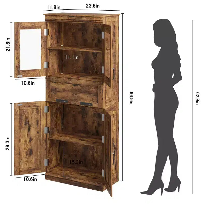 Armoire de salle de bain haute de 67 po, meuble de rangement de salle de bain à deux portes avec tiroir, étagères réglables, pour salle de bain, salon, cuisine