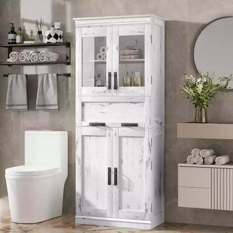 Armoire de salle de bain haute de 67 po, meuble de rangement de salle de bain à deux portes avec tiroir, étagères réglables, pour salle de bain, salon, cuisine