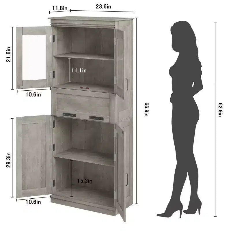 Armoire de salle de bain haute de 67 po, meuble de rangement de salle de bain à deux portes avec tiroir, étagères réglables, pour salle de bain, salon, cuisine