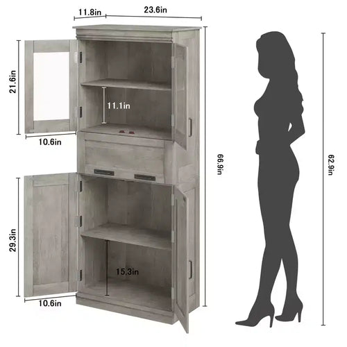 Armoire de salle de bain haute de 67 po, meuble de rangement de salle de bain à deux portes avec tiroir, étagères réglables, pour salle de bain, salon, cuisine
