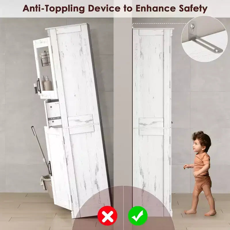 Armoire de salle de bain haute de 67 po, meuble de rangement de salle de bain à deux portes avec tiroir, étagères réglables, pour salle de bain, salon, cuisine