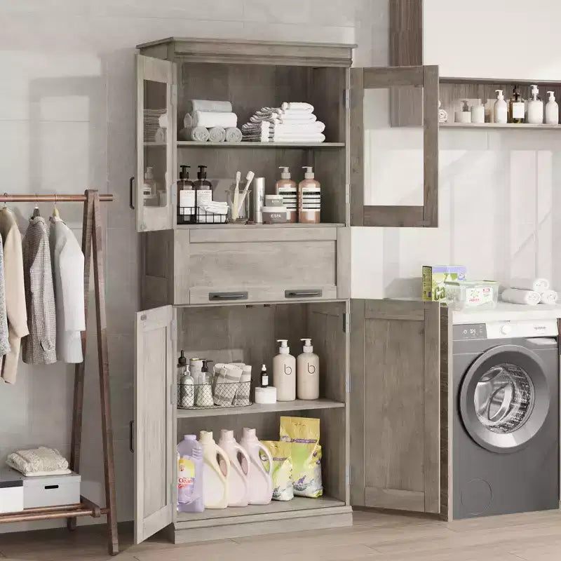 Armoire de salle de bain haute de 67 po, meuble de rangement de salle de bain à deux portes avec tiroir, étagères réglables, pour salle de bain, salon, cuisine