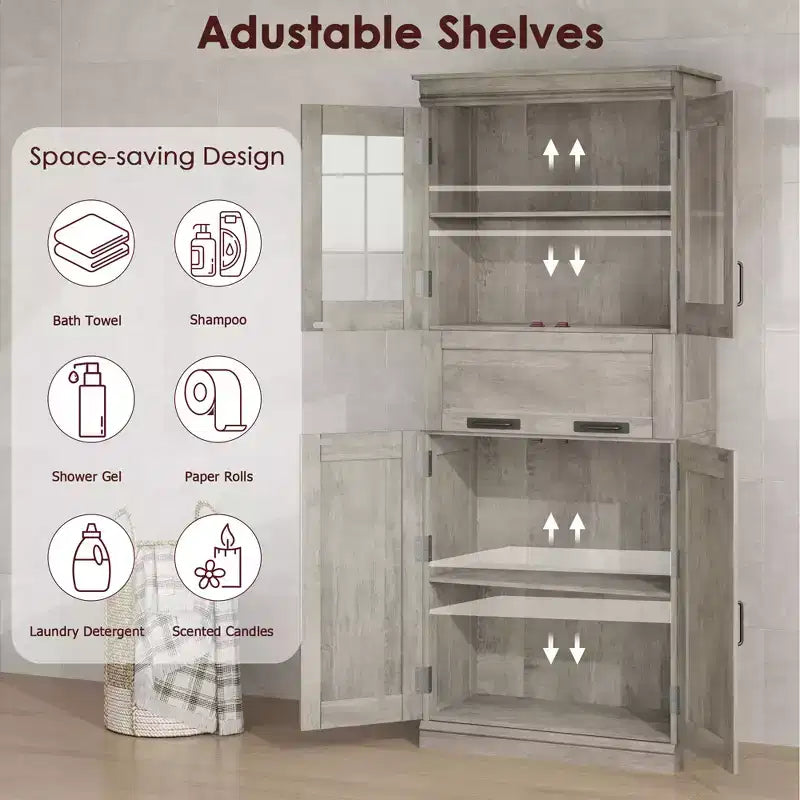 Armoire de salle de bain haute de 67 po, meuble de rangement de salle de bain à deux portes avec tiroir, étagères réglables, pour salle de bain, salon, cuisine