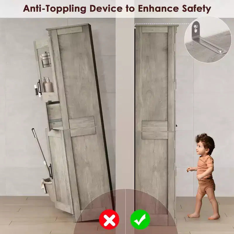 Armoire de salle de bain haute de 67 po, meuble de rangement de salle de bain à deux portes avec tiroir, étagères réglables, pour salle de bain, salon, cuisine