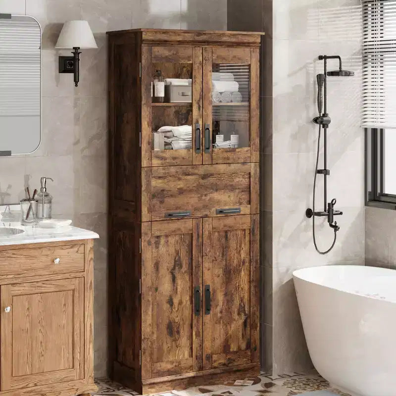Armoire de salle de bain haute de 67 po, meuble de rangement de salle de bain à deux portes avec tiroir, étagères réglables, pour salle de bain, salon, cuisine