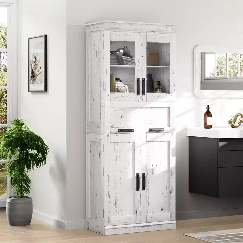 Armoire de salle de bain haute de 67 po, meuble de rangement de salle de bain à deux portes avec tiroir, étagères réglables, pour salle de bain, salon, cuisine