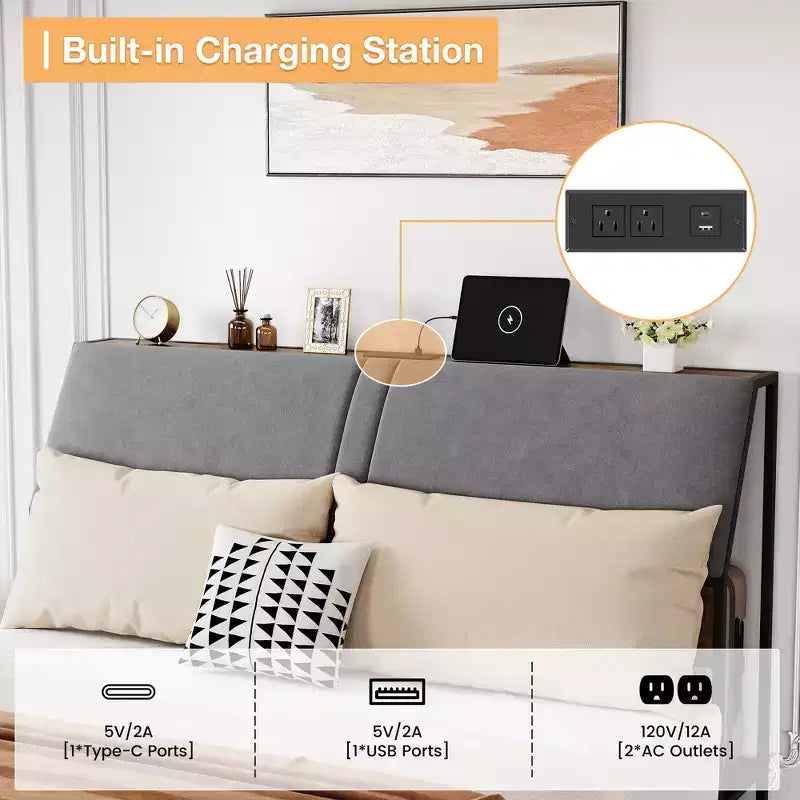 Cadre de lit plateforme avec tête de lit capitonnée, station de recharge, cadre en métal durable, silencieux, pas besoin de sommier, facile à assembler