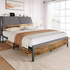 Platform Bed Frame with Upholstered Headboard, Charging Station, Durable Metal Frame, Noiseless, No Spring Mattress Required, Easy to Assemble