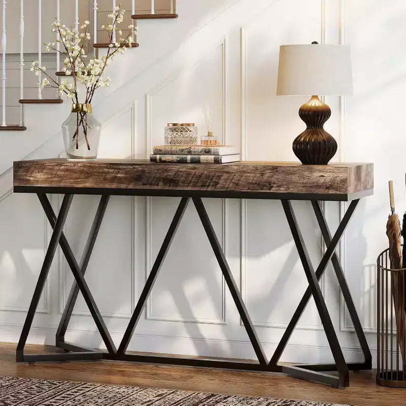Lantine 55 Console Tables pour Entrée, Table Canapé Industrielle en Bois, Meuble d'Entrée avec Base Métallique Géométrique pour Salon, Couloir