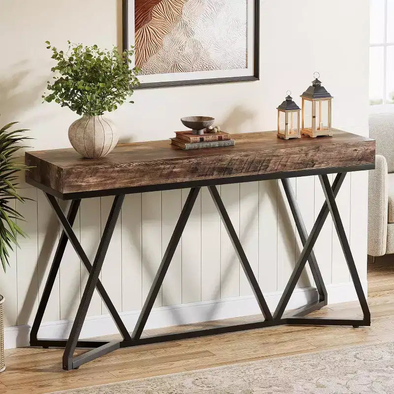 Lantine 55 Console Tables pour Entrée, Table Canapé Industrielle en Bois, Meuble d'Entrée avec Base Métallique Géométrique pour Salon, Couloir