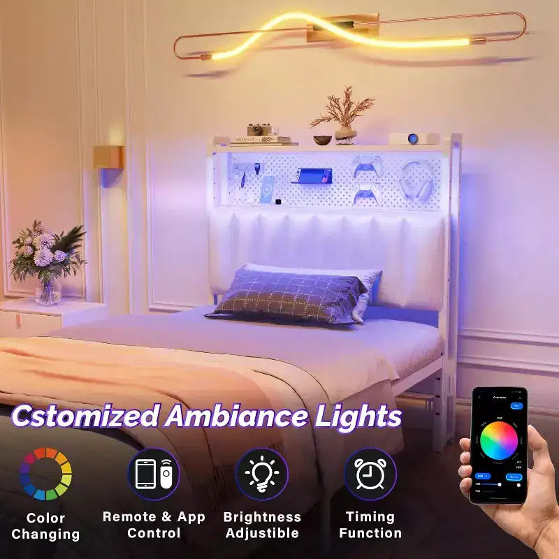 Tête de lit VINGLI, tête de lit capitonnée réglable avec 2 étagères, panneau perforé, stations de recharge et lumières LED