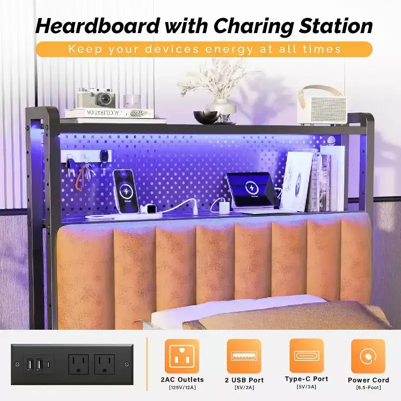 Tête de lit VINGLI, tête de lit capitonnée réglable avec 2 étagères, panneau perforé, stations de recharge et lumières LED