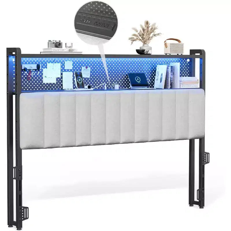 Tête de lit VINGLI, tête de lit capitonnée réglable avec 2 étagères, panneau perforé, stations de recharge et lumières LED