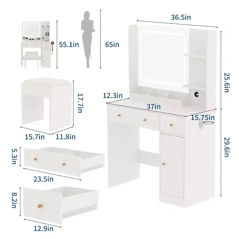 Coiffeuse avec miroir Coiffeuse avec support pour sèche-cheveux Tiroirs de rangement et étagères avec tabouret rembourré pour chambre à coucher