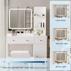 Coiffeuse avec miroir Coiffeuse avec support pour sèche-cheveux Tiroirs de rangement et étagères avec tabouret rembourré pour chambre à coucher