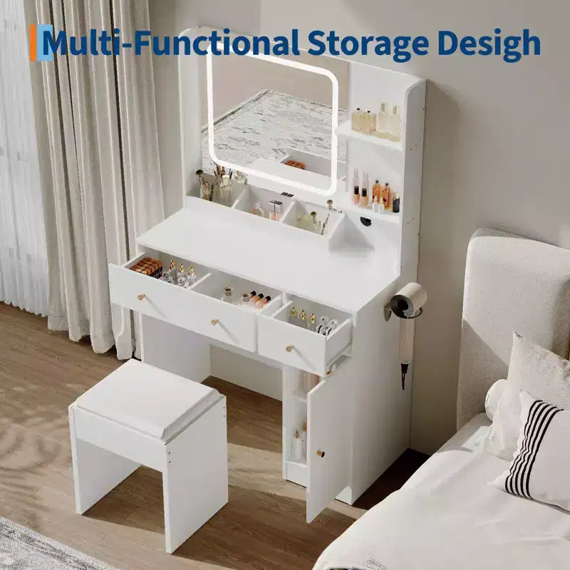Coiffeuse avec miroir Coiffeuse avec support pour sèche-cheveux Tiroirs de rangement et étagères avec tabouret rembourré pour chambre à coucher