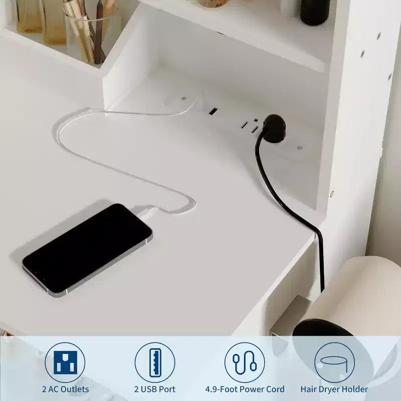 Coiffeuse avec miroir Coiffeuse avec support pour sèche-cheveux Tiroirs de rangement et étagères avec tabouret rembourré pour chambre à coucher