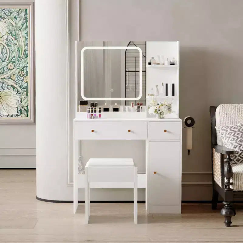 Coiffeuse avec miroir Coiffeuse avec support pour sèche-cheveux Tiroirs de rangement et étagères avec tabouret rembourré pour chambre à coucher