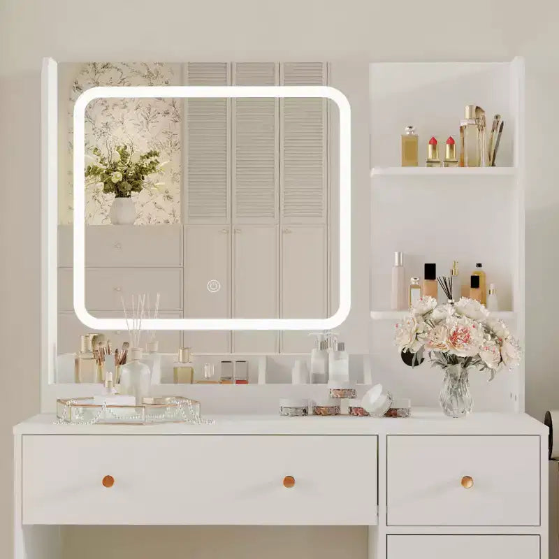 Coiffeuse avec miroir Coiffeuse avec support pour sèche-cheveux Tiroirs de rangement et étagères avec tabouret rembourré pour chambre à coucher