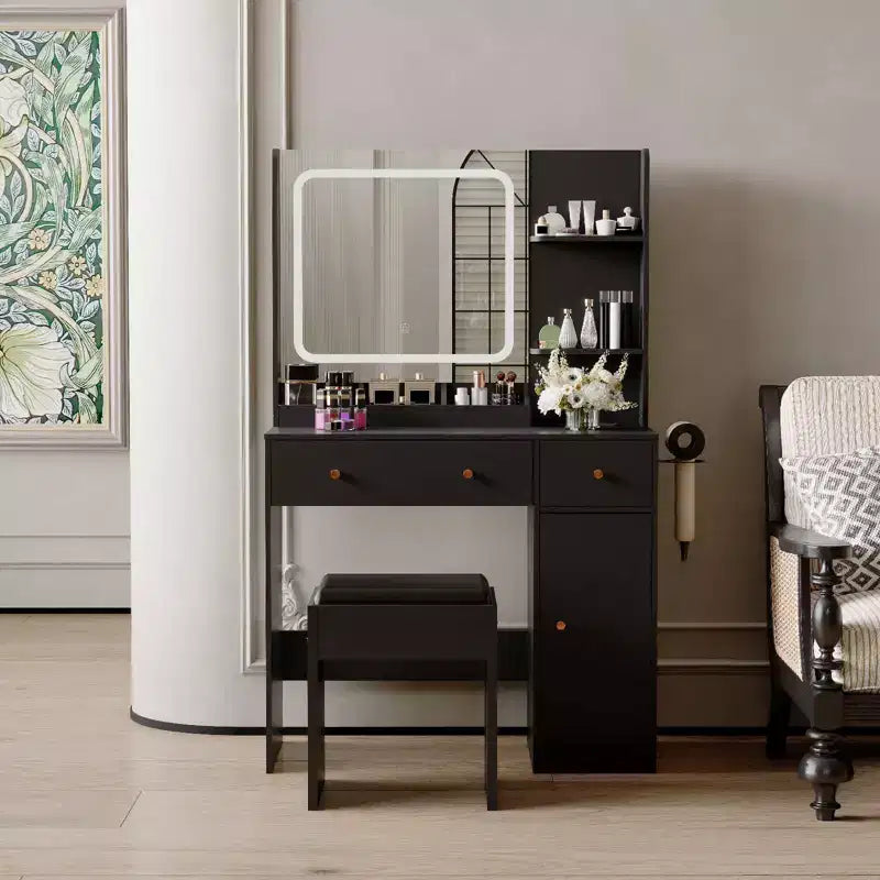 Coiffeuse avec miroir Coiffeuse avec support pour sèche-cheveux Tiroirs de rangement et étagères avec tabouret rembourré pour chambre à coucher