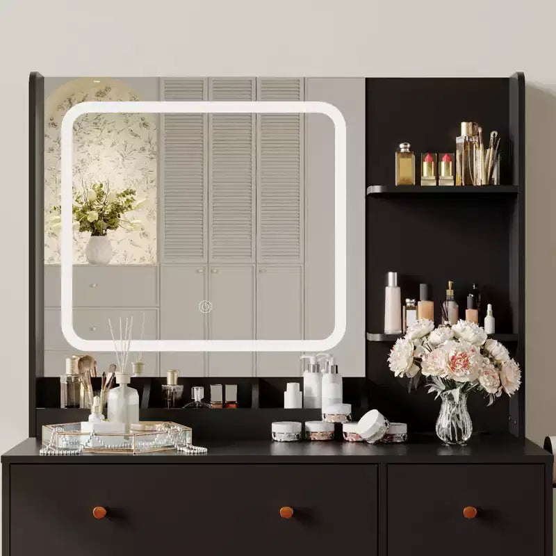 Coiffeuse avec miroir Coiffeuse avec support pour sèche-cheveux Tiroirs de rangement et étagères avec tabouret rembourré pour chambre à coucher