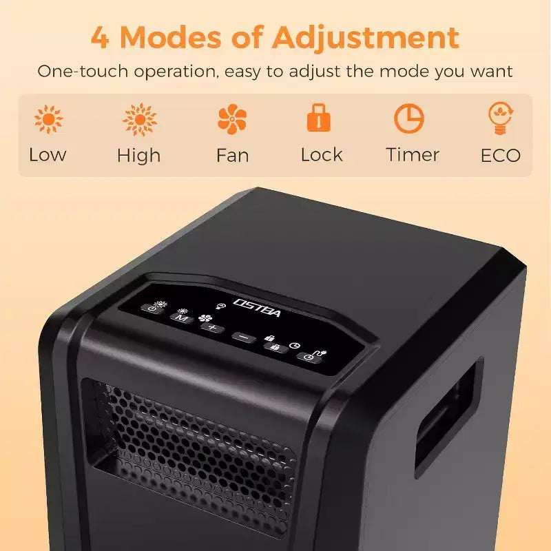 Chauffage d'appoint infrarouge OSTBA 1500W avec 6 éléments, thermostat (41-95°F), mode ECO, télécommande, minuterie, sécurité enfant et dispositifs de sécurité