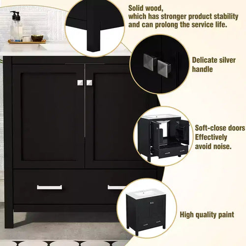 Meuble-lavabo de salle de bain de 76 cm avec lavabo simple, meuble sous-vasque combiné avec lavabo sous plan, meuble de rangement de salle de bain avec 2 portes et 1 tiroir, fermeture en douceur