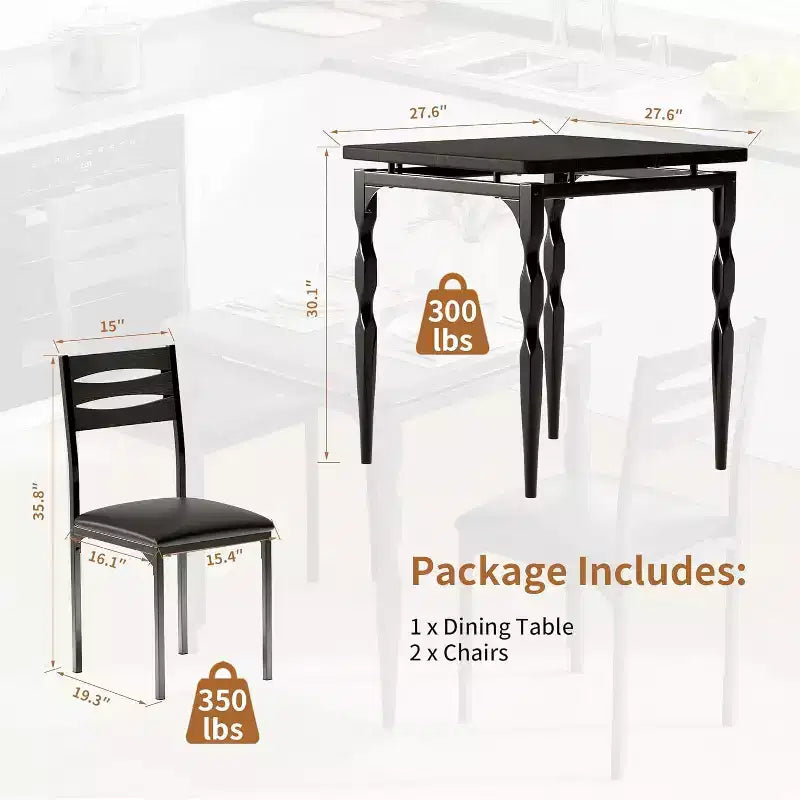 Ensemble de salle à manger industriel 3 pièces pour 2 avec chaises rembourrées Table de cuisine avec pieds en spirale (Noir)
