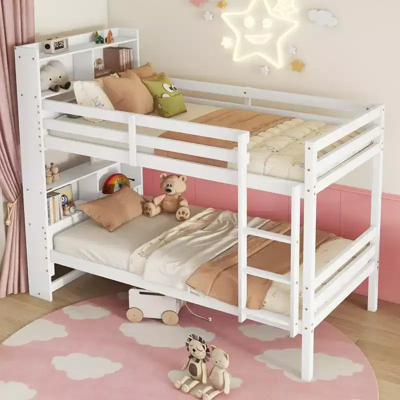 Lit superposé double MAYEERTY avec tête de lit étagères, rails de sécurité et échelle convertible en 2 lits pour chambre à coucher, blanc