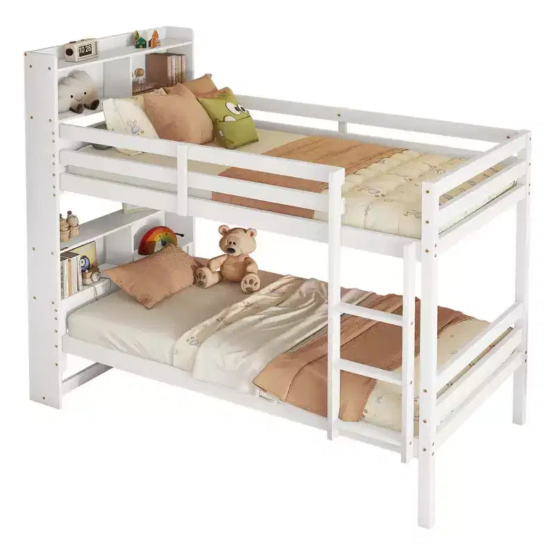 Lit superposé double MAYEERTY avec tête de lit étagères, rails de sécurité et échelle convertible en 2 lits pour chambre à coucher, blanc