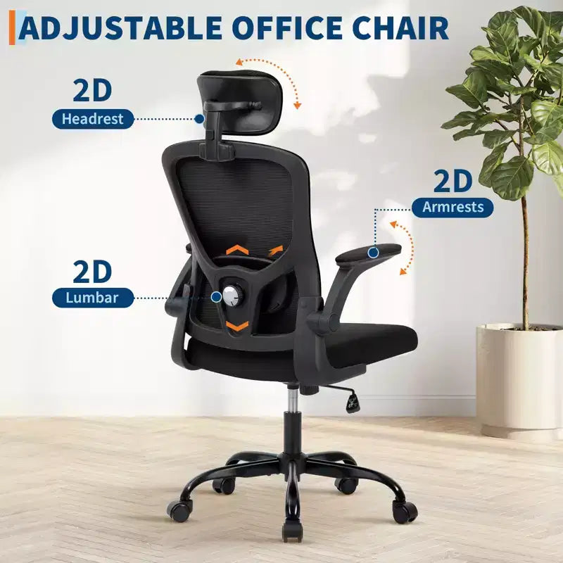 Chaise de bureau ergonomique, Chaise de bureau pivotante à roulettes, Appui-tête et support lombaire réglables, Chaise à roulettes en maille, Accoudoirs relevables