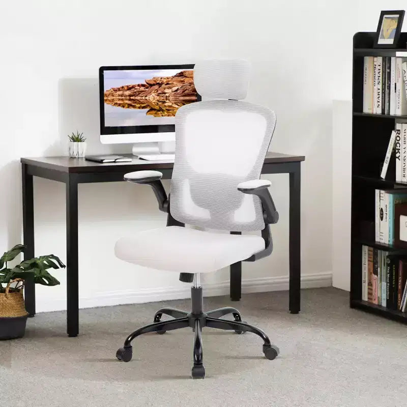 Chaise de bureau ergonomique, Chaise de bureau pivotante à roulettes, Appui-tête et support lombaire réglables, Chaise à roulettes en maille, Accoudoirs relevables