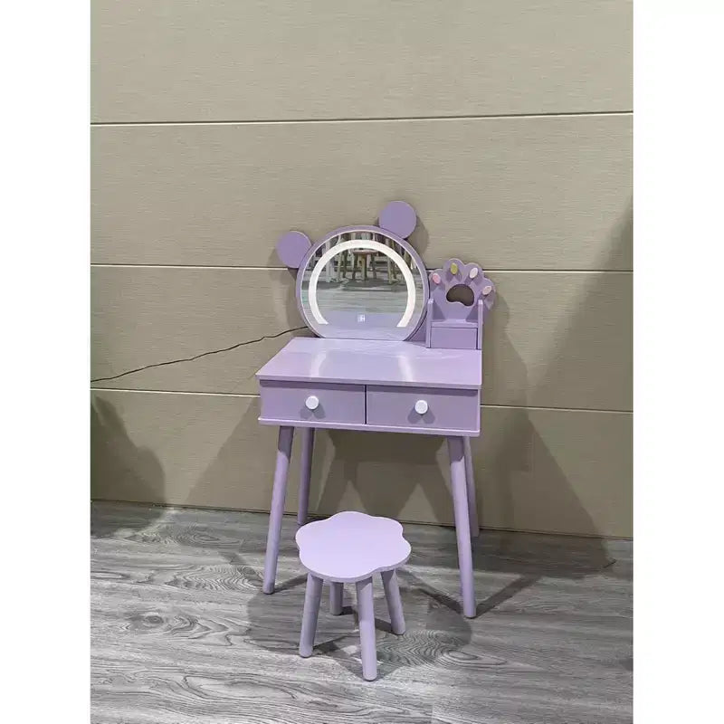 Miroir en forme d'ourson avec poignées en forme de patte d'ours Coiffeuse pour enfants avec 2 tiroirs Tabouret à motif floral Miroir tactile trois couleurs Blanc