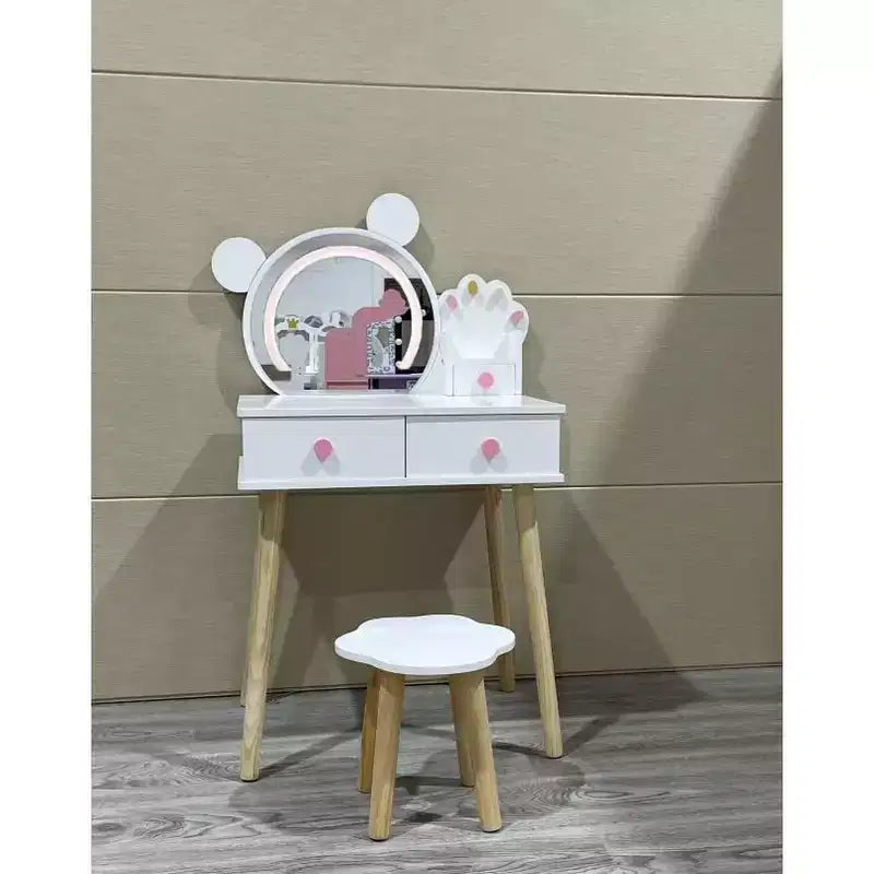 Miroir en forme d'ourson avec poignées en forme de patte d'ours Coiffeuse pour enfants avec 2 tiroirs Tabouret à motif floral Miroir tactile trois couleurs Blanc